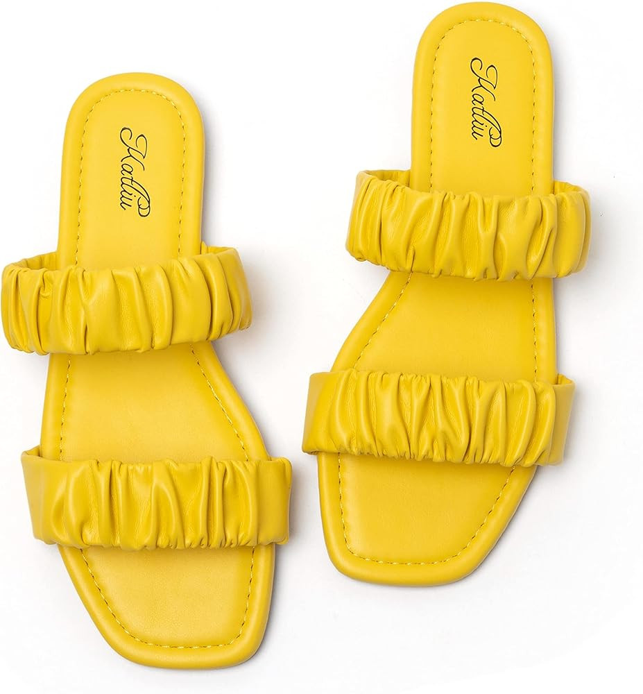 Katliu Women's Flat Sandals Square Open Toe Slide Sandals with Two Ruched Straps | Amazon (US)