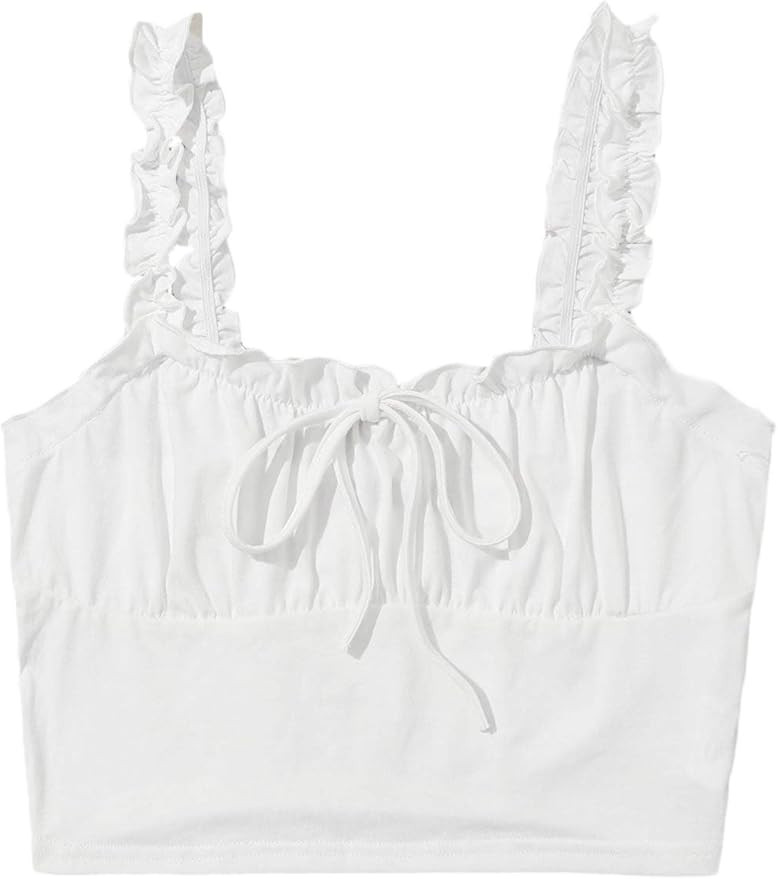 Verdusa Women's Frill Trim Strap Tie Knot Ruched Front Bustier Crop Top | Amazon (US)