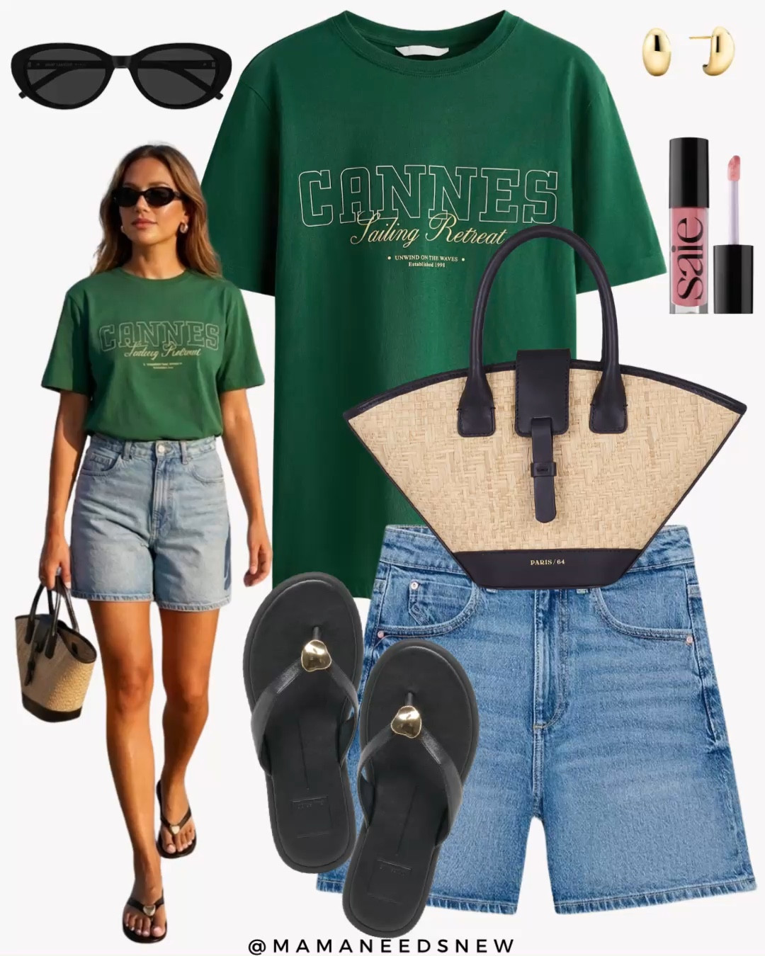 A late spring to summer outfit with graphic t-shirt, denim shorts, flip flop sandals, top handle straw bag 💚

#LTKSeasonal #LTKootd #LTKSaleAlert