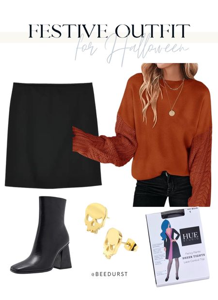 Going on a Halloween date night? Or a fun spooky happy hour with friends- this is such a great outfit that feels festive without being too over the top. Orange is definitely Halloween feel, but perfect for fall and the skull studs hit the theming on the head. Add some sheer tights and some black boots and you’re ready for a fun night out! 

#LTKstyletip #LTKHalloween #LTKmidsize