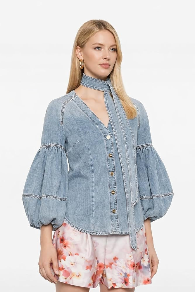 Womens Denim Shirt Tie V Neck Long Sleeves Bow Babydoll with Adjustable Waistband Cute Blue Jean Shirts for Women Denim | Amazon (US)