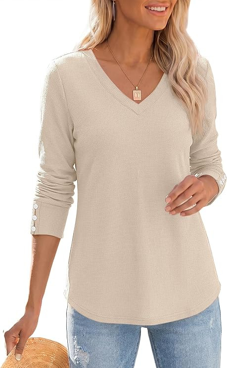 ANRABESS Long Sleeve Shirts for Women V Neck Waffle Knit Tops | Fall Cozy Basic Buttons Blouses, ... | Amazon (US)
