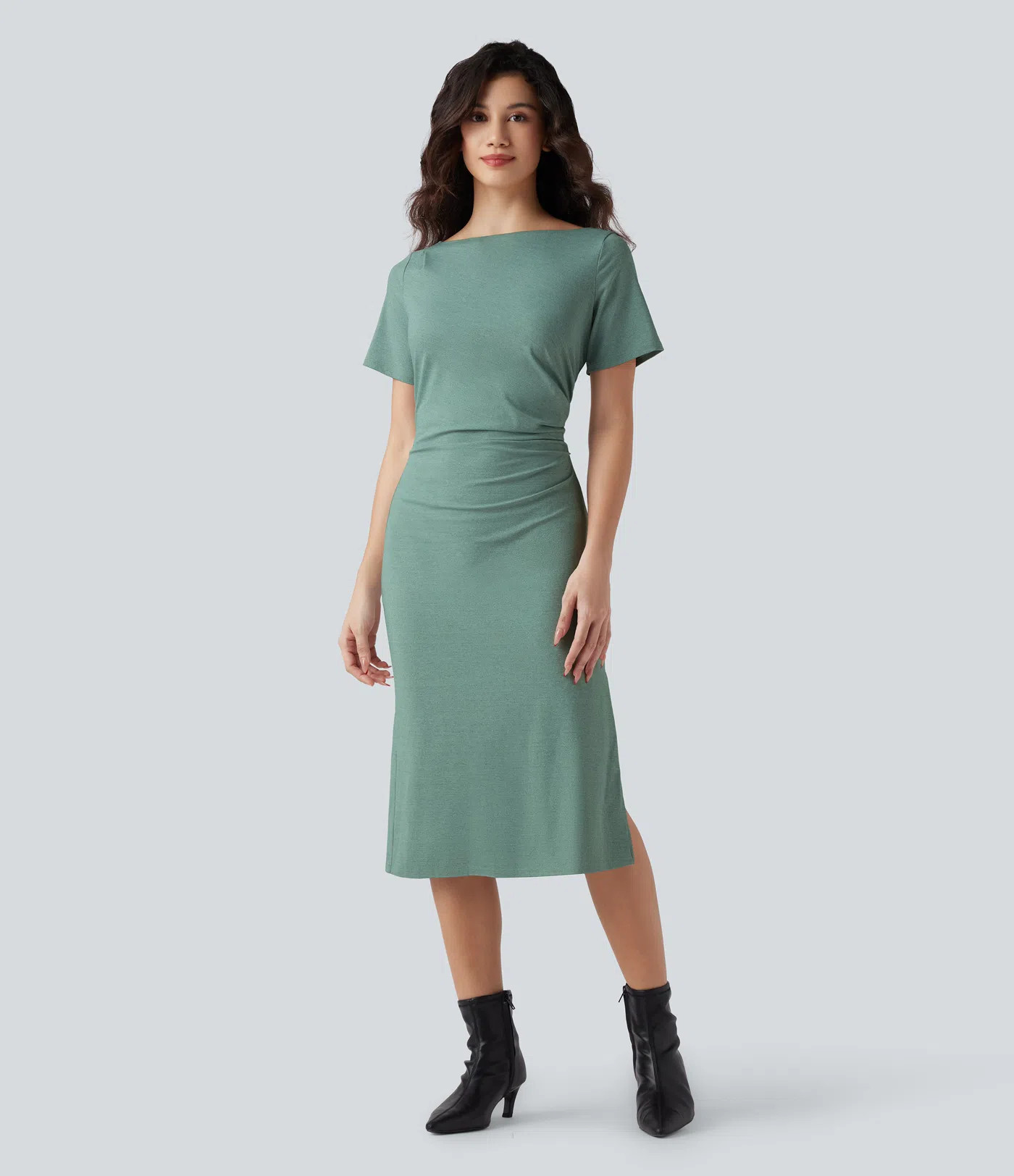Women’s Short Sleeve Ruched Bodycon Midi Work Dress - Halara | HALARA