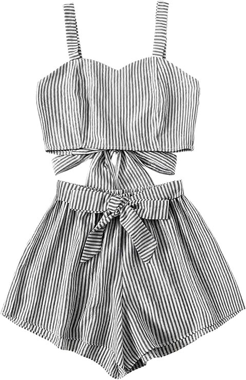 SweatyRocks Women's 2 Piece Outfits Summer Sleeveless Tie Back Crop Cami Top and Shorts Set | Amazon (US)