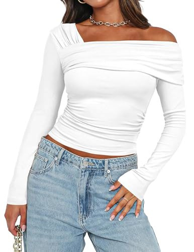 Ziesexy Off The Shoulder Top Long Sleeve Going Out Tops Sexy Spring Ruched Slim Fitted Shirt Asymmetrical Tops for Women White | Amazon (US)