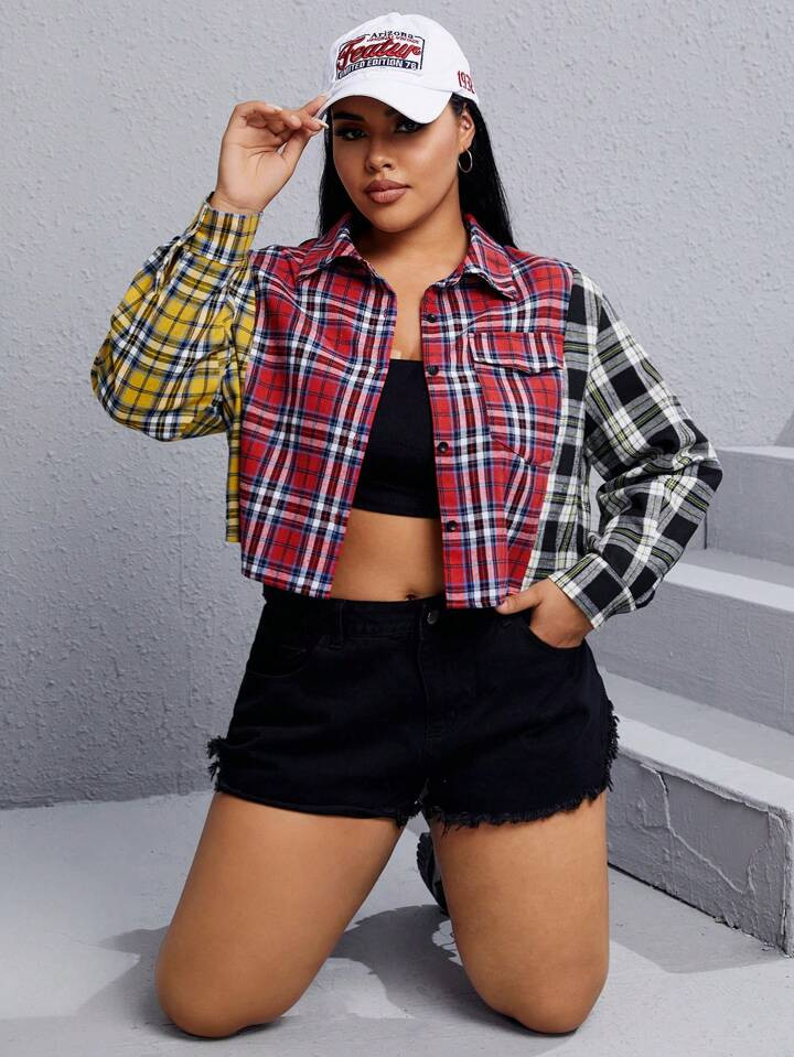 SHEIN EZwear Plus Plaid Print Colorblock Flap Pocket Crop Shirt | SHEIN