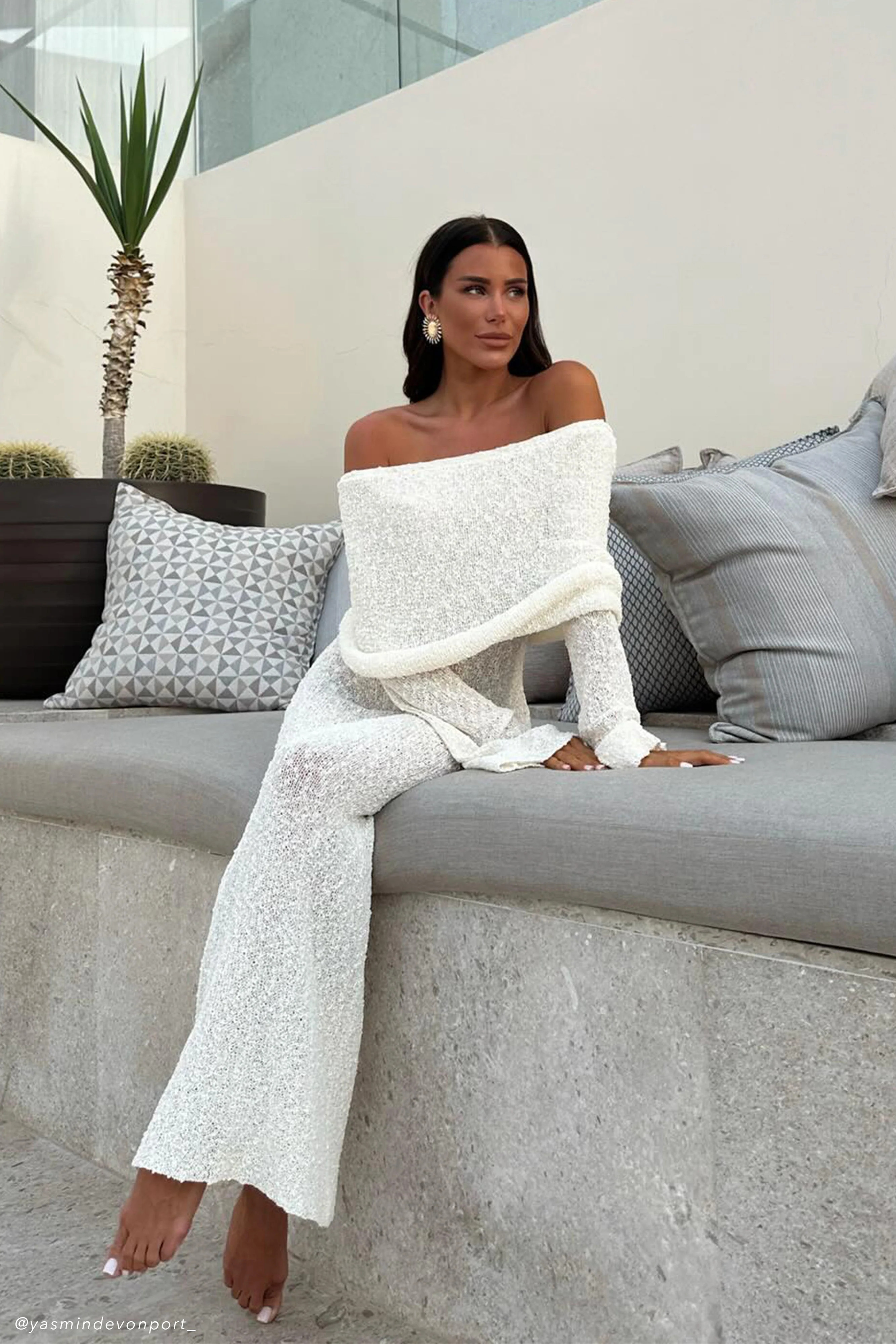 Marisol Off Shoulder Boucle Maxi Dress - Ivory | MESHKI US