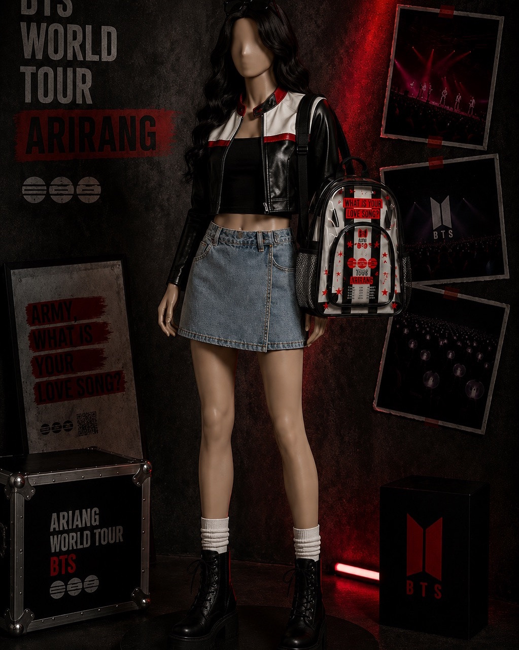 BTS ARIRANG concert fit check ❤️‍🔥
Serving edgy main character energy with the perfect concert combo 🖤✨
Jungkook Inspired. 

• moto jacket
• tube top
• denim skort
• combat boots
• clear stadium backpack by @eveluxestudio

Which item would you wear first? 👀❤️

#bts #btsarirang #btsconcert #army #btsarmy #concertoutfit #kpopfashion #btsfit #concertstyle #streetstyle #amazonfinds #etsyshop #darkfeminine #concertready #jhope

#LTKootd #LTKgrwm #LTKPetite