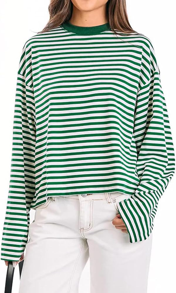 LOMON Striped Long Sleeve Shirt Women Y2k Oversized Crewneck Fall Spring Drop Shoulder Vintage To... | Amazon (US)