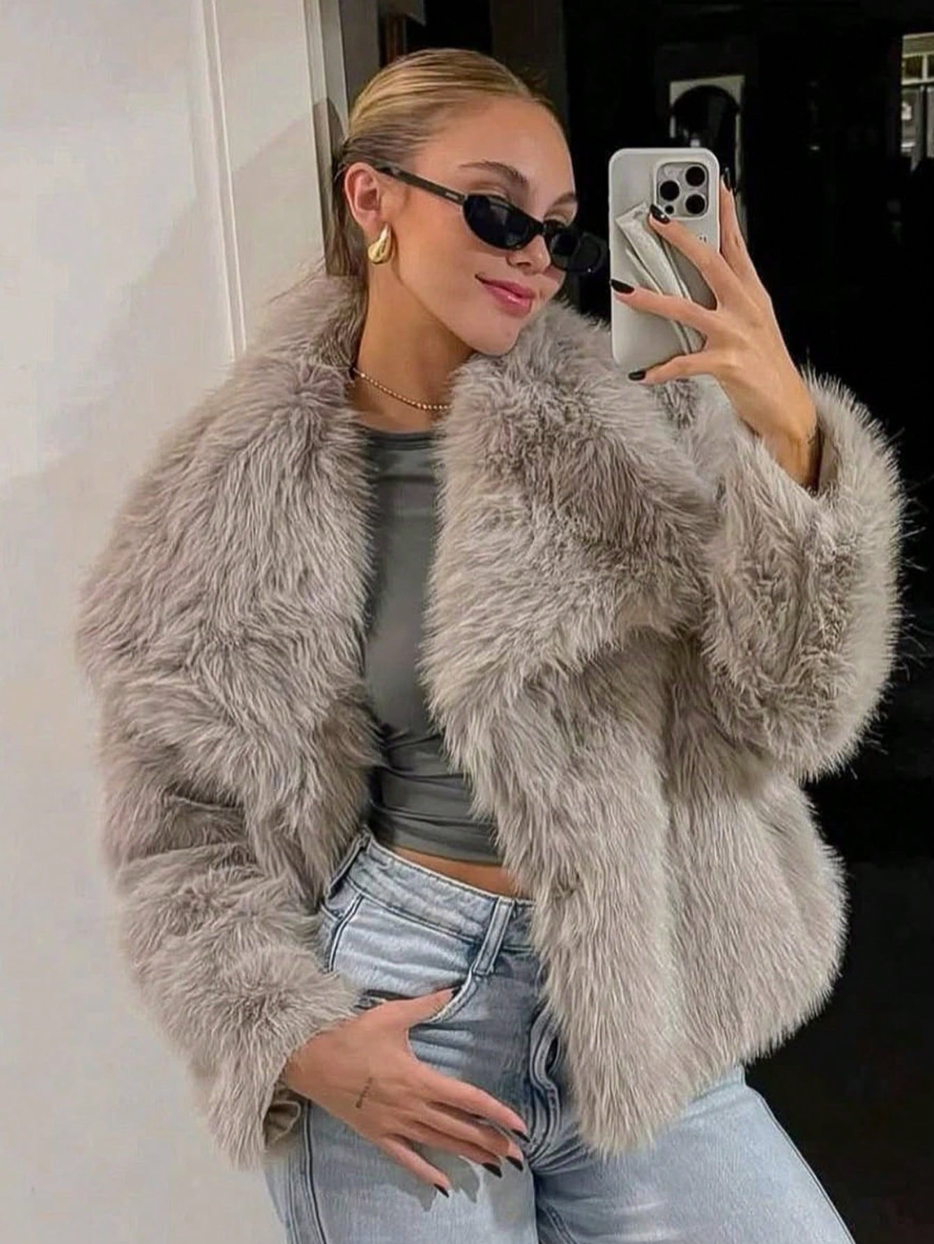HH Faux Fur Jacket For Women Elegant Solid Lapel Long Sleeve Coat Casual Loose Female Winter Over... | SHEIN