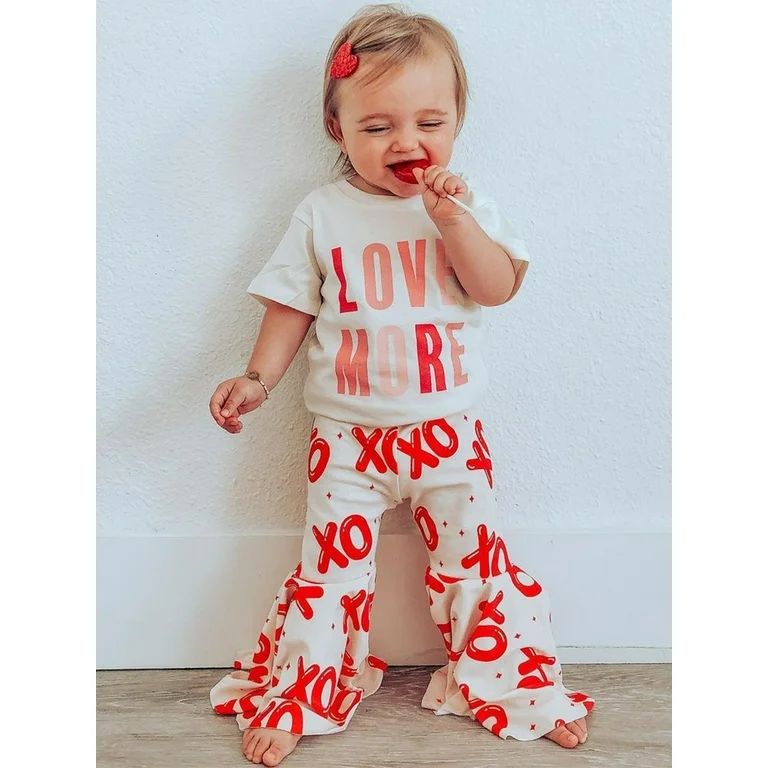 Valentines Days Kids Girls Clothes Sets 2pcs Long Sleeve Heart Print Tops Long Loose Bell-Bottoms... | Walmart (US)