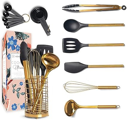 Black & Gold Kitchen Utensils with Metal Gold Utensil Holder -17PC Gold Cooking Utensils Set Incl... | Amazon (US)