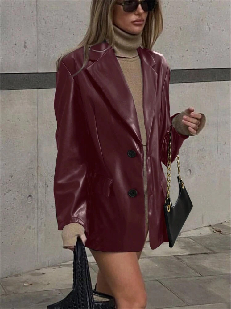 SHEIN Clasi Women Solid Color Lapel Button Casual PU Leather Long Sleeve Jacket | SHEIN