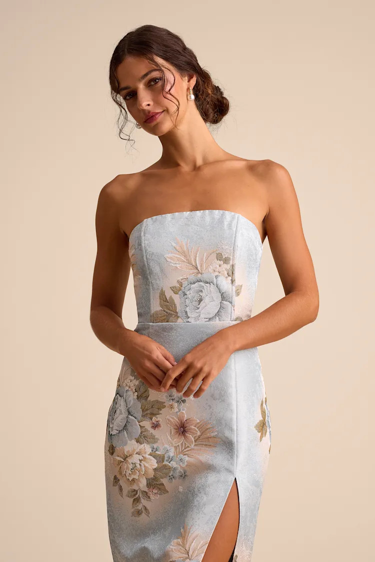 Hargrove Light Blue Floral Jacquard Strapless Midi Dress | Lulus