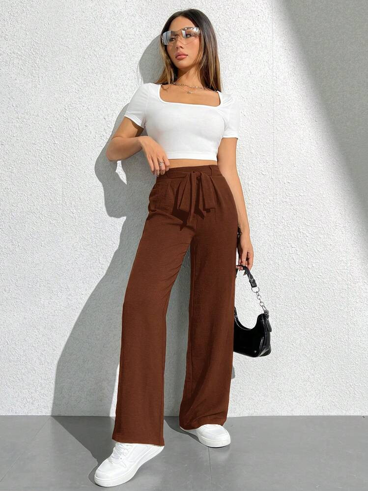 SHEIN PETITE Solid Color Tie Waist Wide Leg Pants, Long | SHEIN