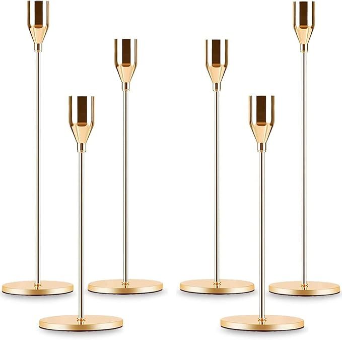 Gold Taper Candle Holder Set of 6, Brass Gold Tall Candlestick Holders, Metal Vintage Candle Stic... | Amazon (US)