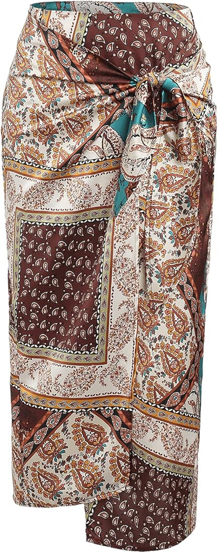 ZAFUL Women's Boho Skirt Asymmetrical Skirts Tied Floral Paisley Printed High Waist Ruched Skirts... | Amazon (US)