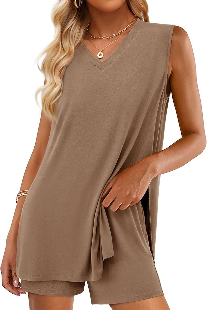 PRETTYGARDEN Women's 2025 Summer 2 Piece Shorts Sets V Neck Long Tank Tops High Waisted Loose Fit... | Amazon (US)