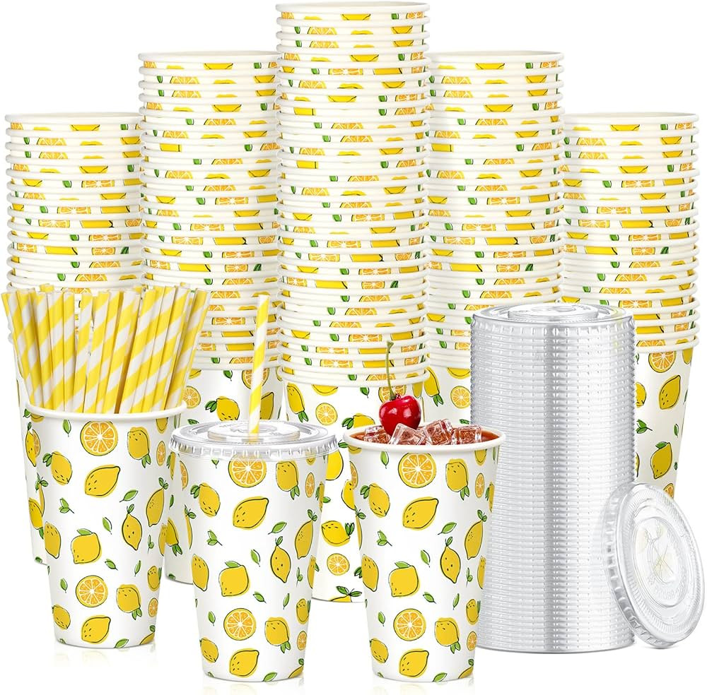 Tessco 150 Pieces/50 Sets Lemonade Cups with Lids and Paper Straws 16oz Disposable Iced Coffee Pa... | Amazon (US)