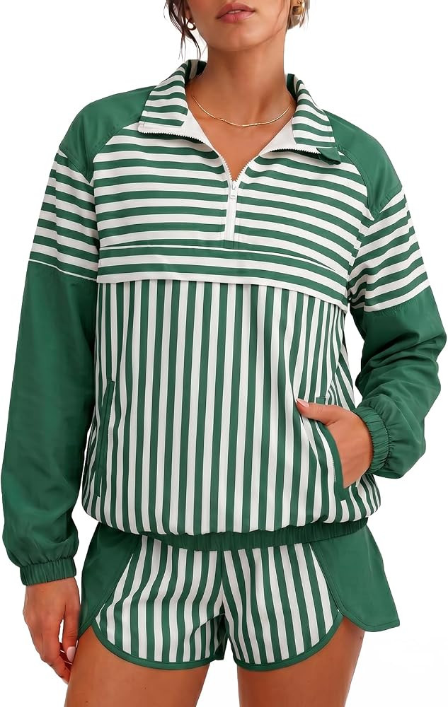 Fisoew Striped 2 Piece Sets for Women Tennis Athletic Short Set Fall Outfit | Amazon (US)