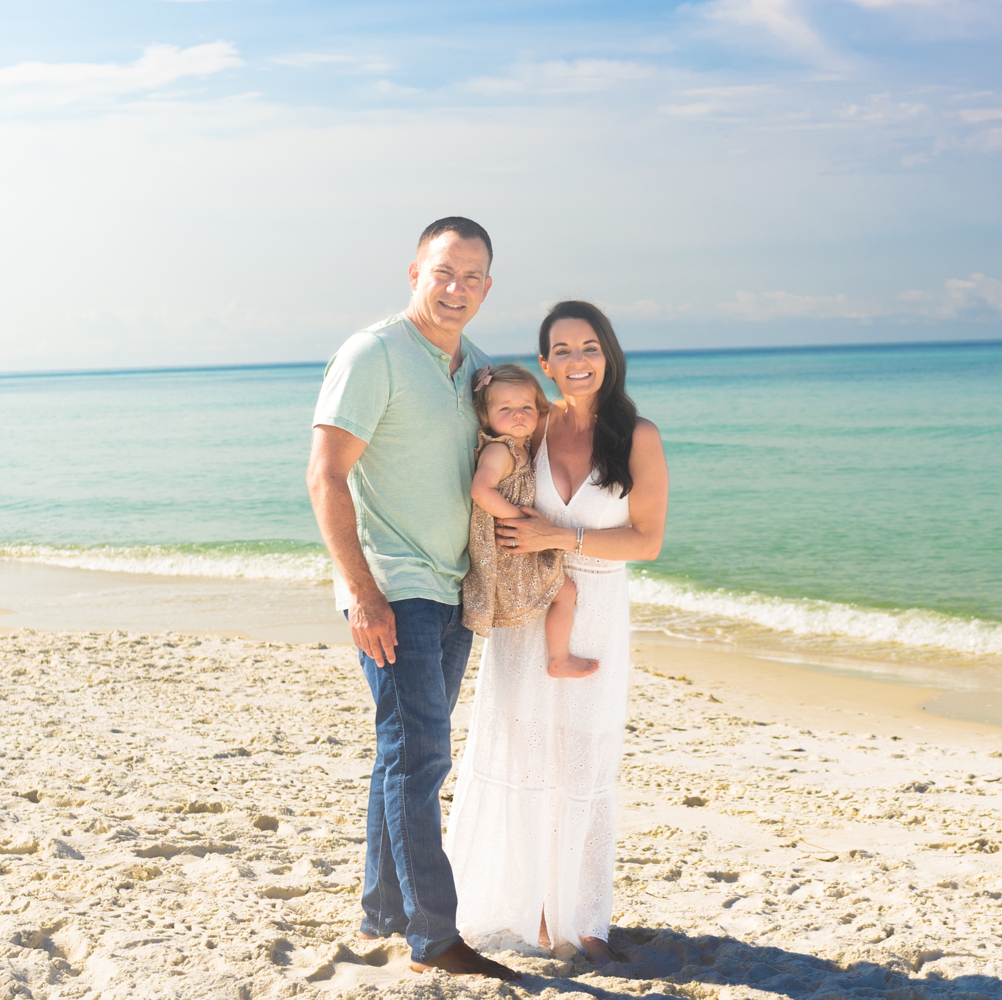 Summer family photos on the beach. Rosemary beach, 30a, white dress, baby girl, 18 months, women’s fashion, beach photos, family photos 