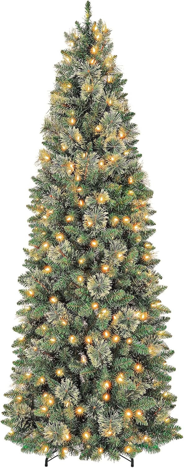Hykolity 7.5 ft Slim Prelit Christmas Tree with Pine Needle | Amazon (US)