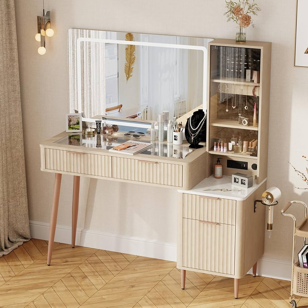 48" Fluted Makeup Vanity Desk with 36" Mirror and 3 Modes Lights, Glass Top Dressing Table with J... | Amazon (US)