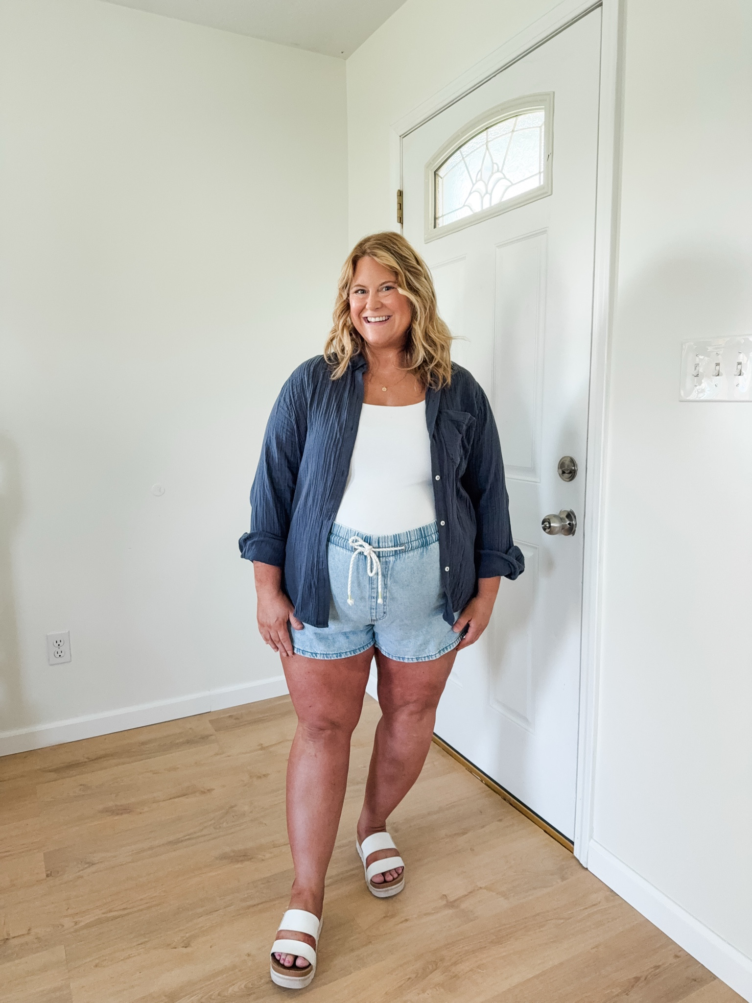Wearing a large in my gauze button down, an XL in my tank and an XXL in my shorts (sized up one for the bump).

#LTKBump #LTKMidsize #LTKSeasonal