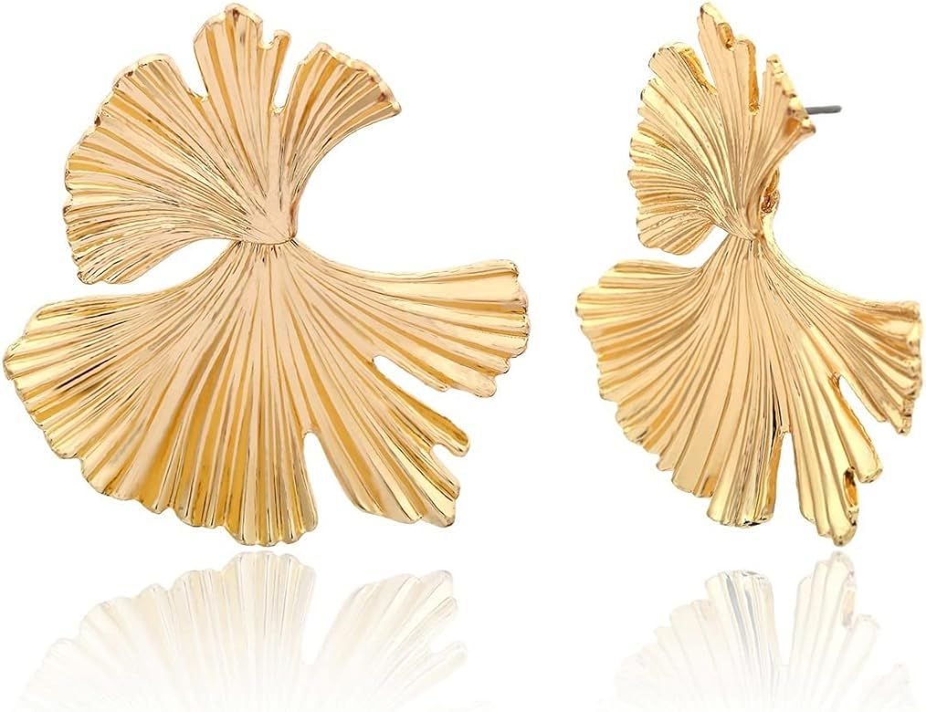LOKLIFFAI Ginkgo Leaf Flower Earrings, Gold Geometric Statement Earring for Women Girls, 14K Gol... | Amazon (US)