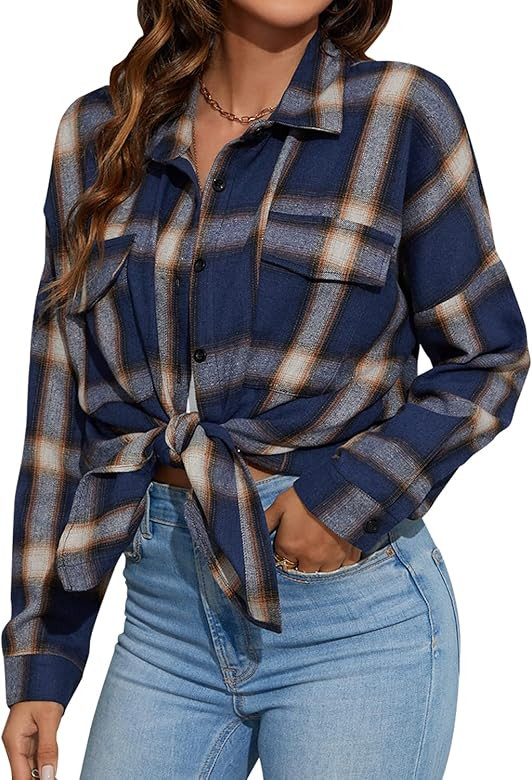 Blooming Jelly Women's Button Down Flannel Shirts Plaid Shacket Long Sleeve Collared Business Cas... | Amazon (US)