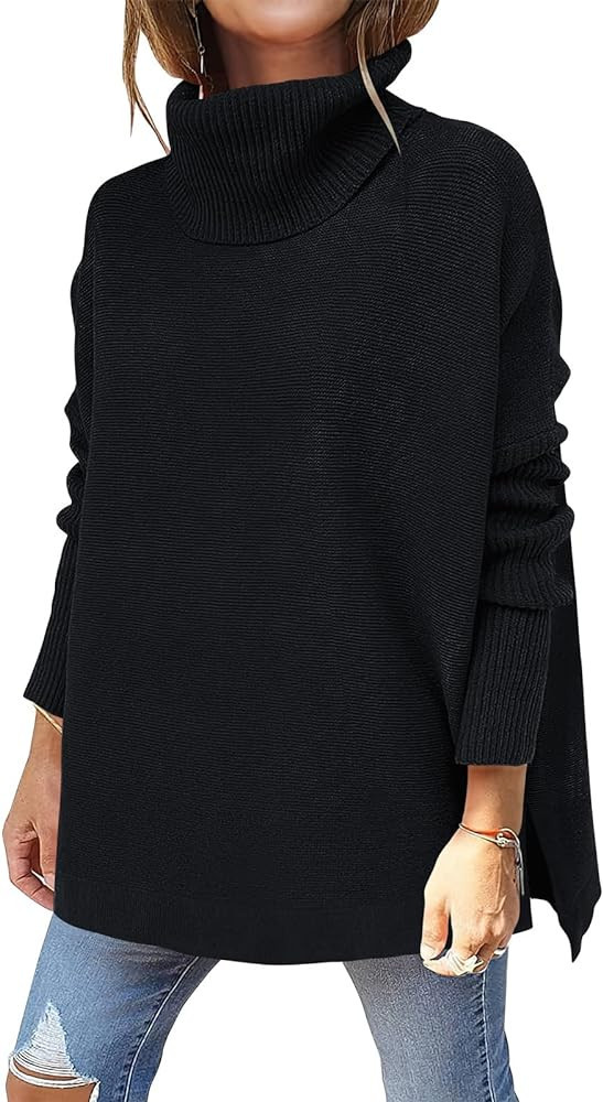 ANRABESS Women's Turtleneck Oversized 2023 Long Batwing Sleeve Spilt Hem Knit Tunic Pullover Swea... | Amazon (US)