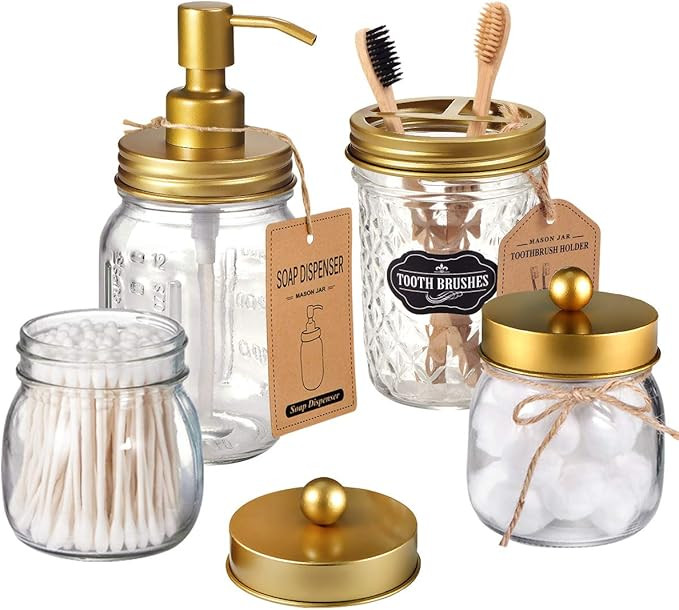 Amolliar Mason Jar Bathroom Accessories Set(4 Pcs) -Lotion Soap Dispenser & 2 Cotton Swab Holder ... | Amazon (US)