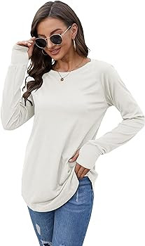 Fisoew Women's Casual Long Sleeve Tops Crew Neck Round Hem Loose T-Shirts Tunic Tops with Thumb H... | Amazon (US)