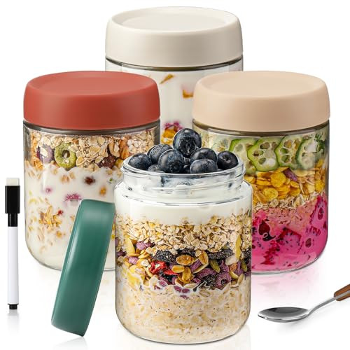 Overnight Oats Containers with Lids,16oz Overnight Oats Jars,4Pack Oatmeal Cups,Meal Prep Containers,Glass Meal Prep Containers with Lids,Glass Jar with Lid for Chia Pudding Yogurt Salad Cereal | Amazon (US)