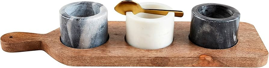 Mud Pie Marble Bowls On Tray Set; board 4 3/4" x 15 1/2" | cup 2" x 2 3/4" dia | spoon 4" | Amazon (US)