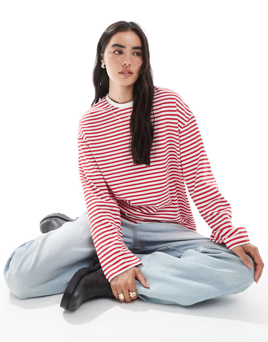 Pieces long sleeve super soft T-shirt in red stripe | ASOS (Global)