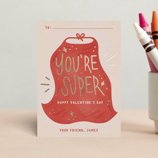 "Super Cape" - Customizable Foil Valentine Cards in Beige by Michelle Taylor. | Minted