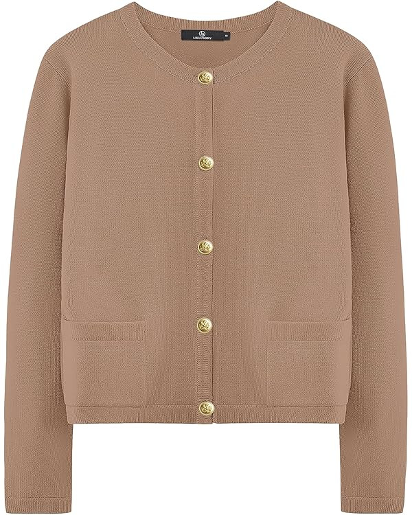 LILLUSORY Women's Crew Neck Gold Buttons Cardigan Sweaters Lady Jacket with Patch Pockets | Amazon (US)