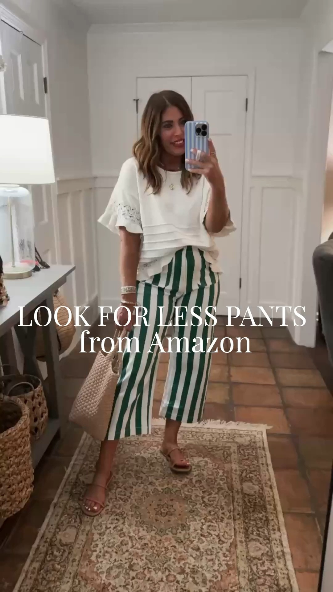 Anthropologie striped look for less jeans from Amazon! These jeans are just like the Maeve Colette cropped striped jeans
The quality is so good. The fit is so good. They’re super comfy and stretchy and they come in several colors. I’m wearing a size 8. Only $42.99 vs. $128

I’ve styled it with two different tops that are both new on Amazon 
The first top is a really cute ruffle short sleeve crochet sweater. It is a look for less and it comes in a few colors. I’m wearing a size large for an oversized fit.  (I tried the medium and it fit good,  I like the way oversized fit better.) 🚨only $26.09🚨

The second top is a cap sleeve, oversized baby doll top and this really pretty green. It comes in several colors and it’s super comfy. I’m wearing a size large.  🚨only $19.99🚨

Sandals are a look for less from Amazon. They literally go with everything and they’re so comfy. They come in a few colors and they’re under $27.

Bag is also from Amazon! A great every day size. Great for work too! It fits a small laptop or an iPad Pro


#LTKOver40 #LTKmomlife #LTKMidsize