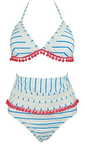 COCOSHIP Women's Mesh Striped High Waist Bikini Set Tassel Trim Top Halter Straps Swimsuit(FBA) | Amazon (US)