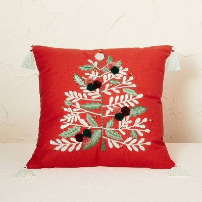 Embroidered Christmas Tree Square Throw Pillow with Pom Poms Red - Opalhouse&#8482; designed with... | Target