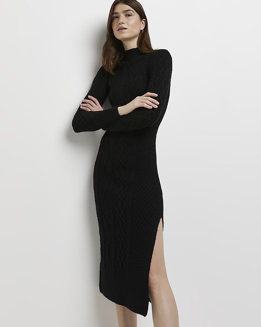Black chunky cable knit bodycon dress | River Island (UK & IE)