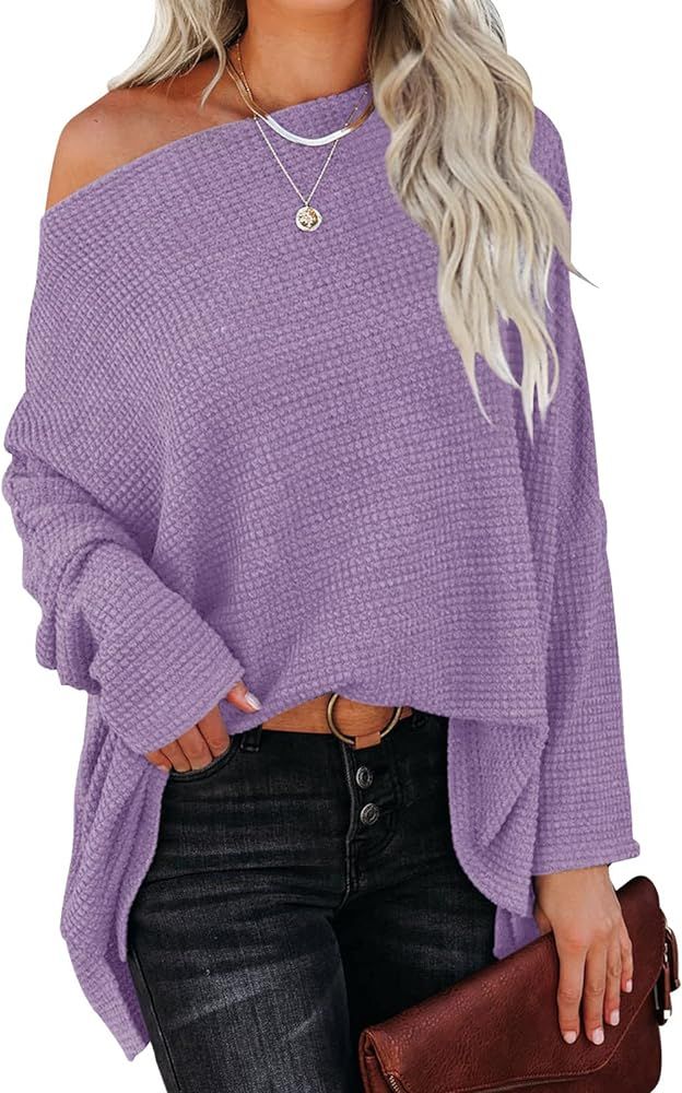 ZESICA Women's Casual Off Shoulder Batwing Long Sleeve Waffle Knit Oversized Pullover Jumper Tunic T | Amazon (US)