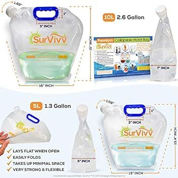 SurVivv Premium Collapsible Water Container Bag, No-Leak, Freezable, Odorless, Flat Folding, BPA ... | Amazon (US)