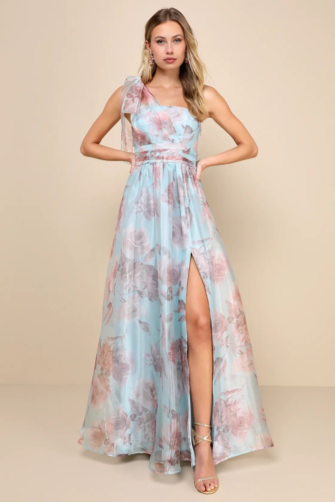 Dramatically Lovely Blue Floral Organza One-Shoulder Maxi Dress | Lulus