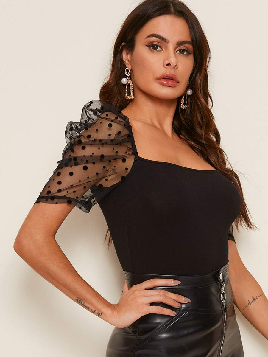 SHEIN Polka-dot Mesh Puff Sleeve Slim Top | SHEIN