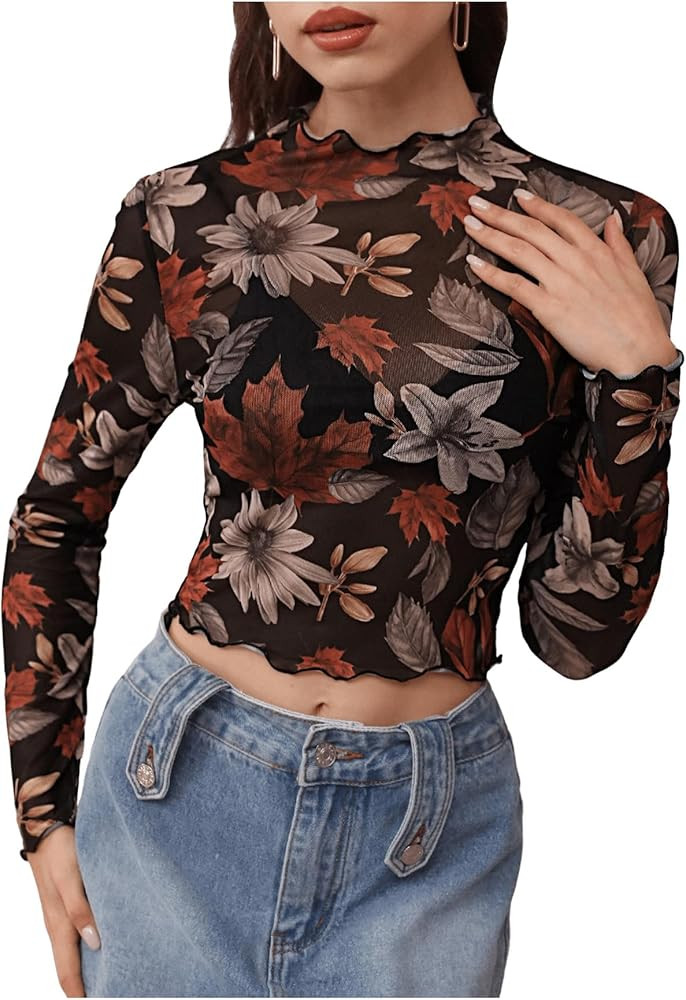 Milumia Women's Floral Mesh Mock Neck Long Sleeve T Shirt Lettuce Trim Sheer Top | Amazon (US)