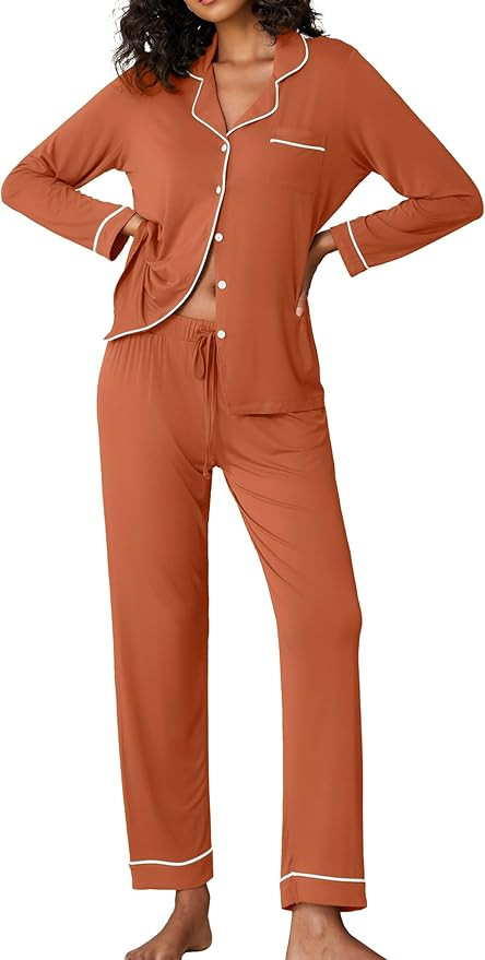Ekouaer Pajamas Womens Long Sleeve Sleepwear Button Down Loungewear Pjs Set | Comfy Soft,Classic ... | Amazon (US)