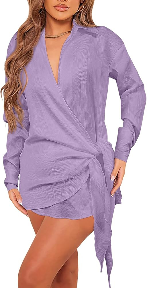 GOBLES Women's Sexy Wrap V Neck Chiffon Long Sleeve Tie Waist Mini Shirts Dress | Amazon (US)