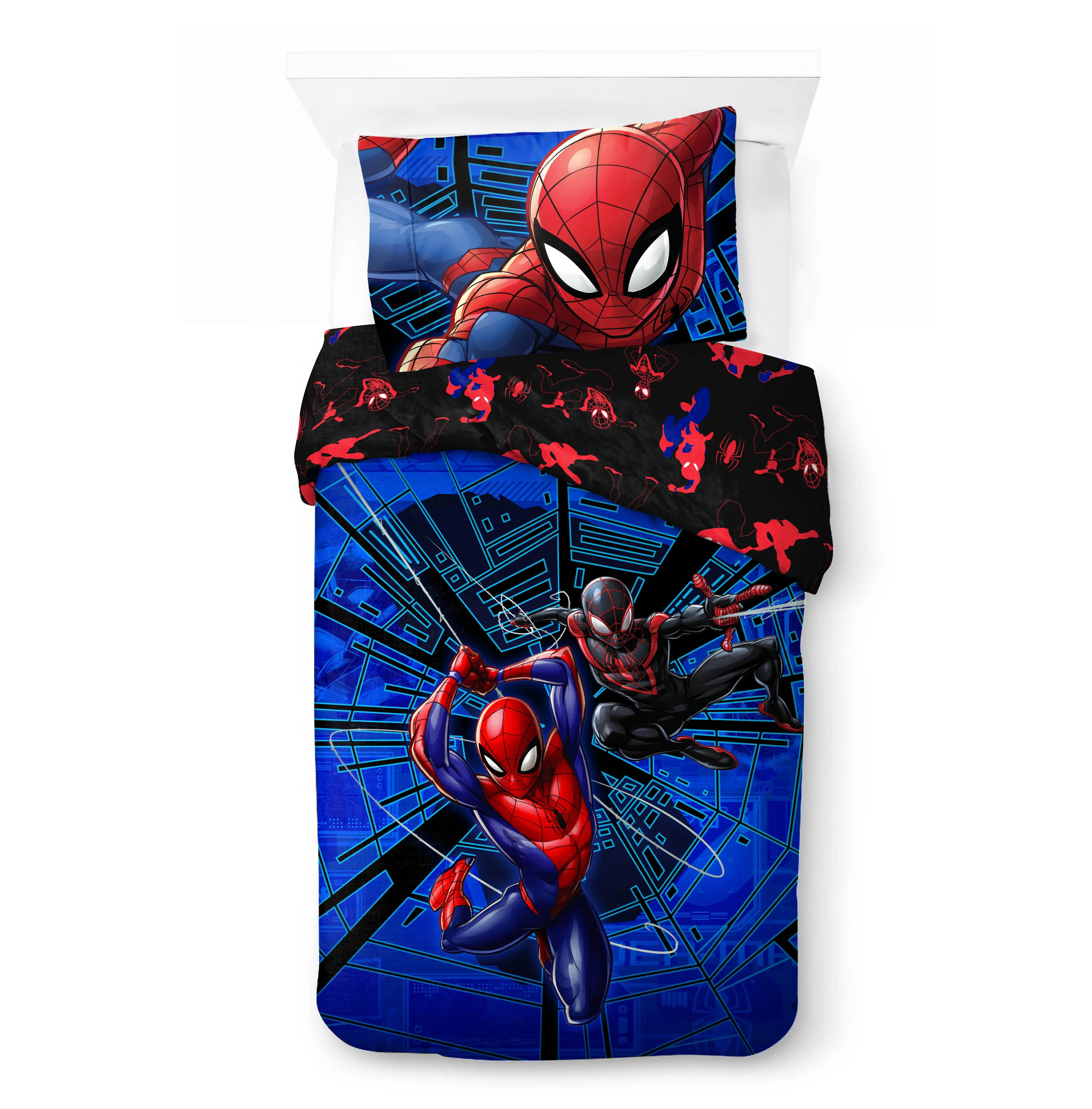 Spider-Man Kids 2-Piece Twin/Full Reversible Comforter and Pillowcase Bedding Set, Microfiber, Bl... | Walmart (US)